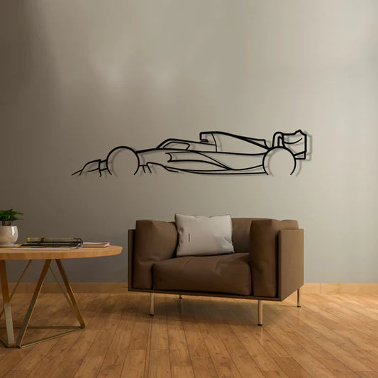 Wall decal of a racing car on a gray wall above a brown sofa in a living room.