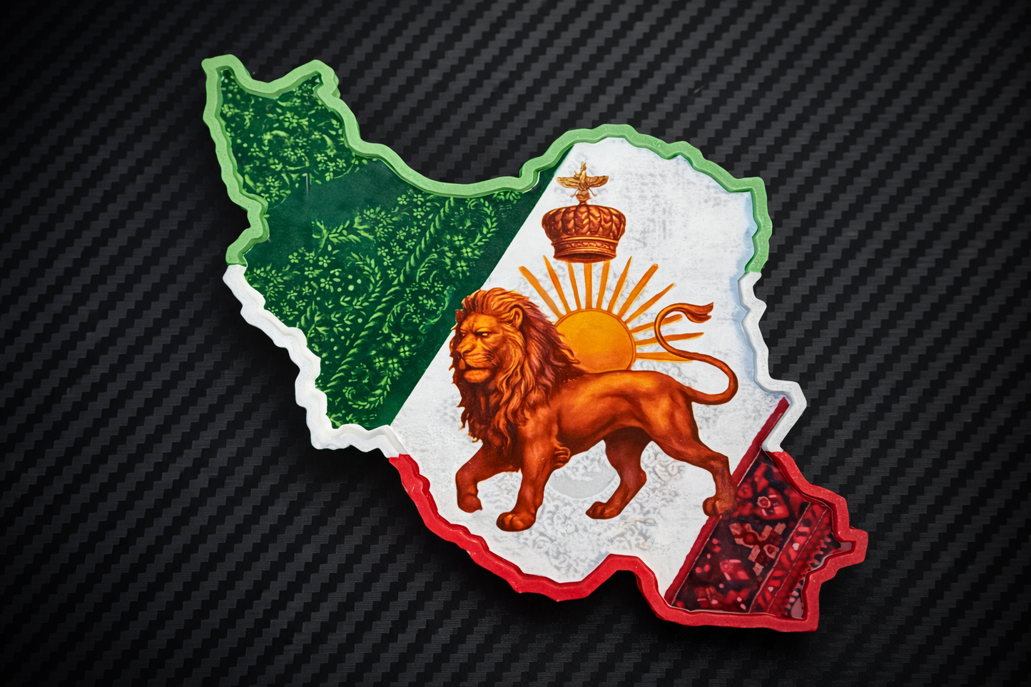 Close-up of Lion & Sun Iran map magnet showing layered edges and detailed emblem finish