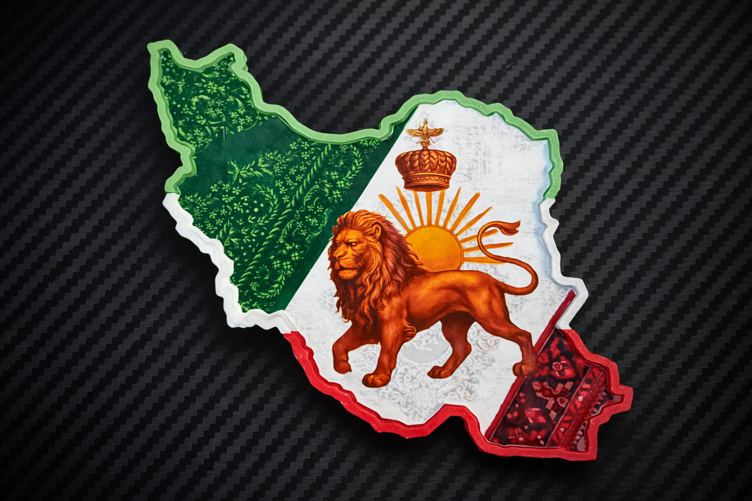 Close-up of Lion & Sun Iran map magnet showing layered edges and detailed emblem finish