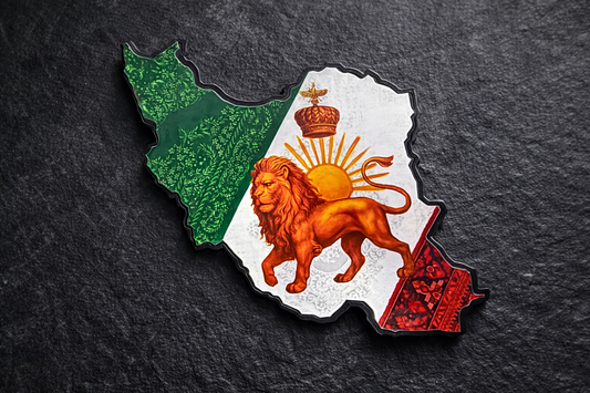 Lion & Sun Iran map magnet displayed on stainless steel refrigerator holding grocery note and photo.