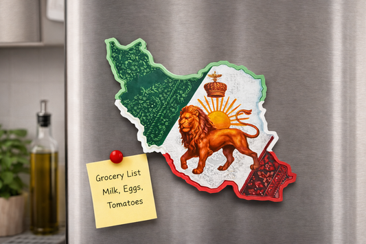 Iran map magnet with Lion & Sun emblem displayed in modern kitchen setting on refrigerator door