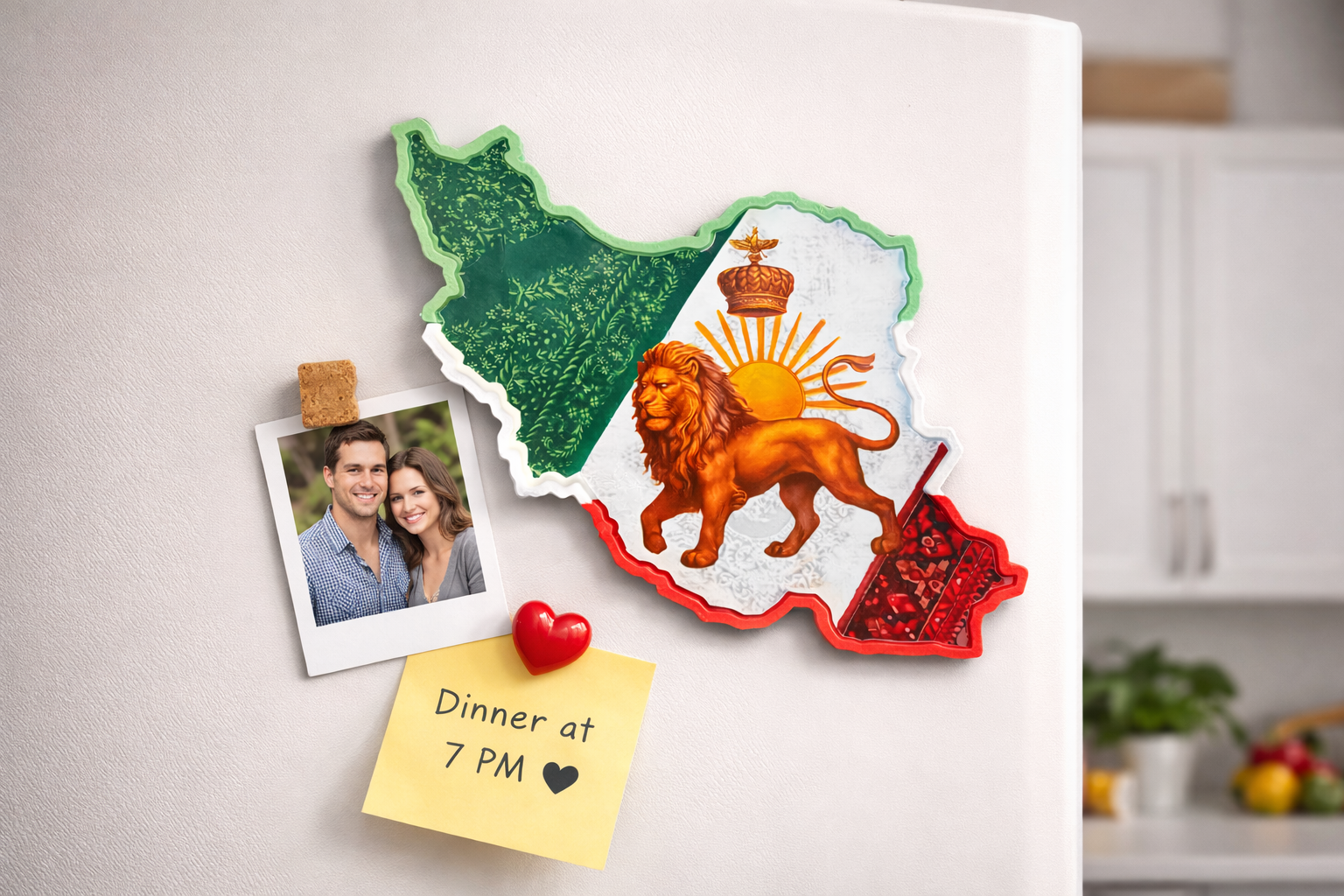 Iran map magnet with Lion & Sun emblem displayed in modern kitchen setting on refrigerator door