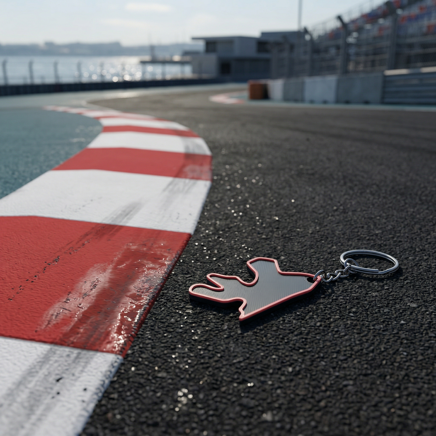 Lusail International Circuit F1 track keychain in black and red 3D-printed design