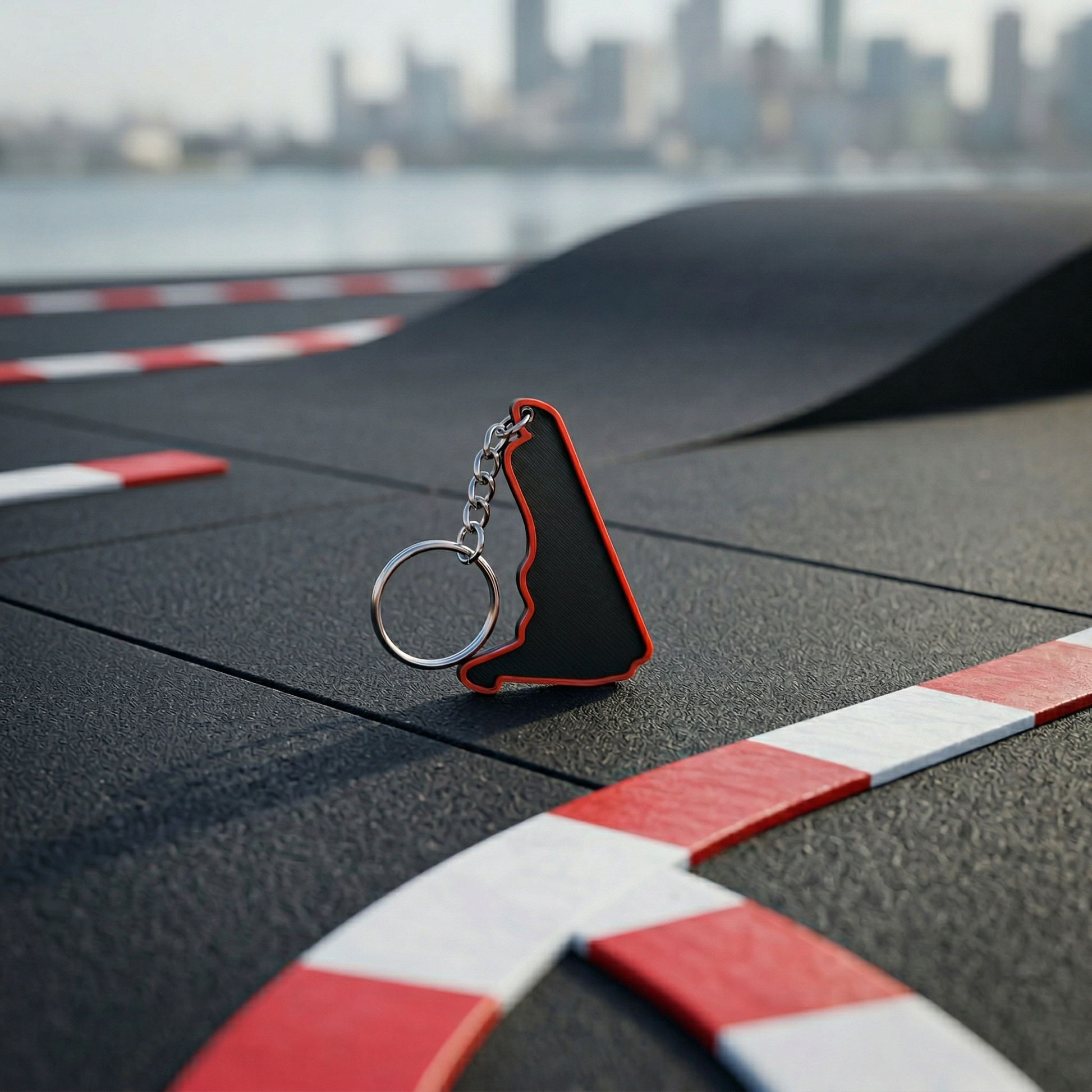 Autódromo Hermanos Rodríguez F1 track keychain in black and red 3D-printed design