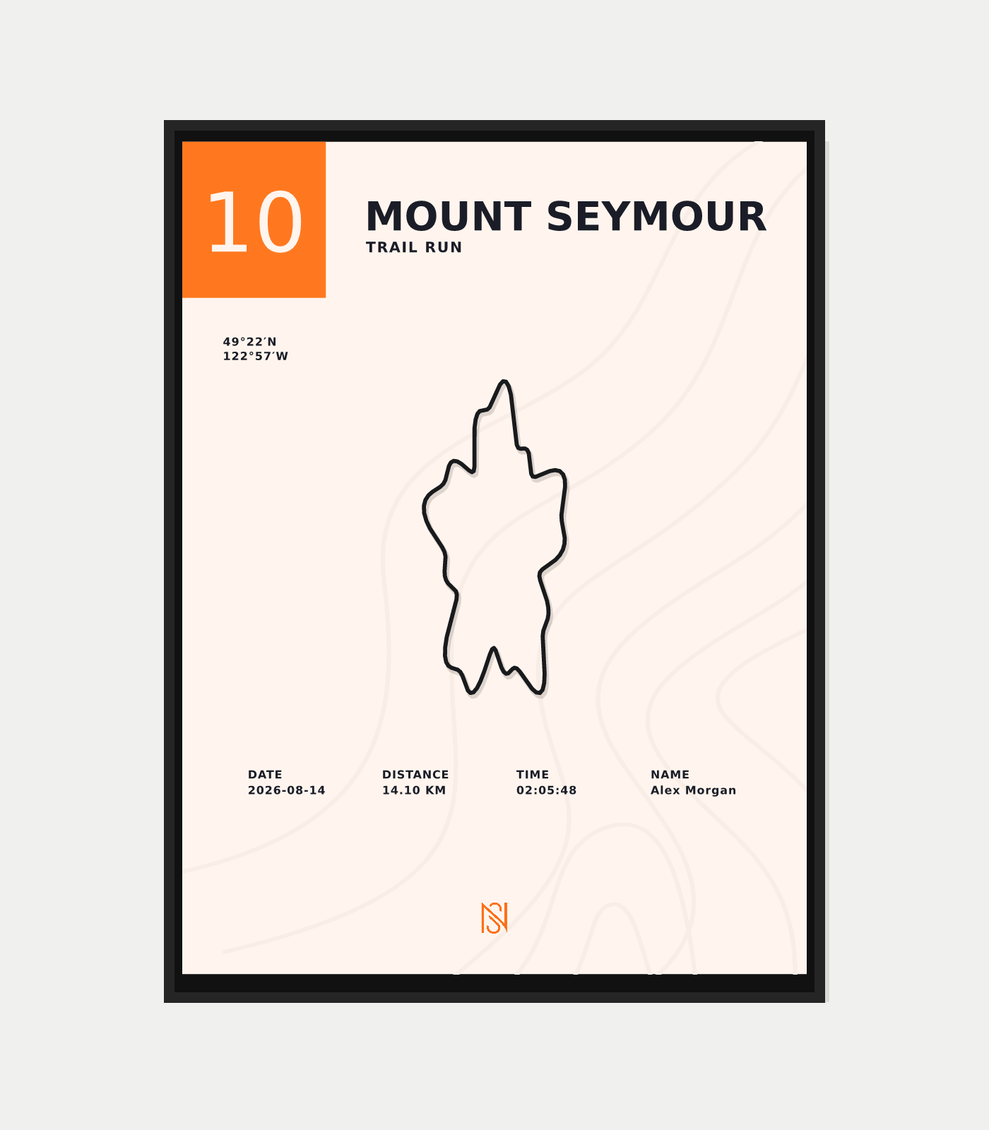 Editorial custom route poster with cream contours, orange number and centred Nova logo. Illustrative synthetic route.