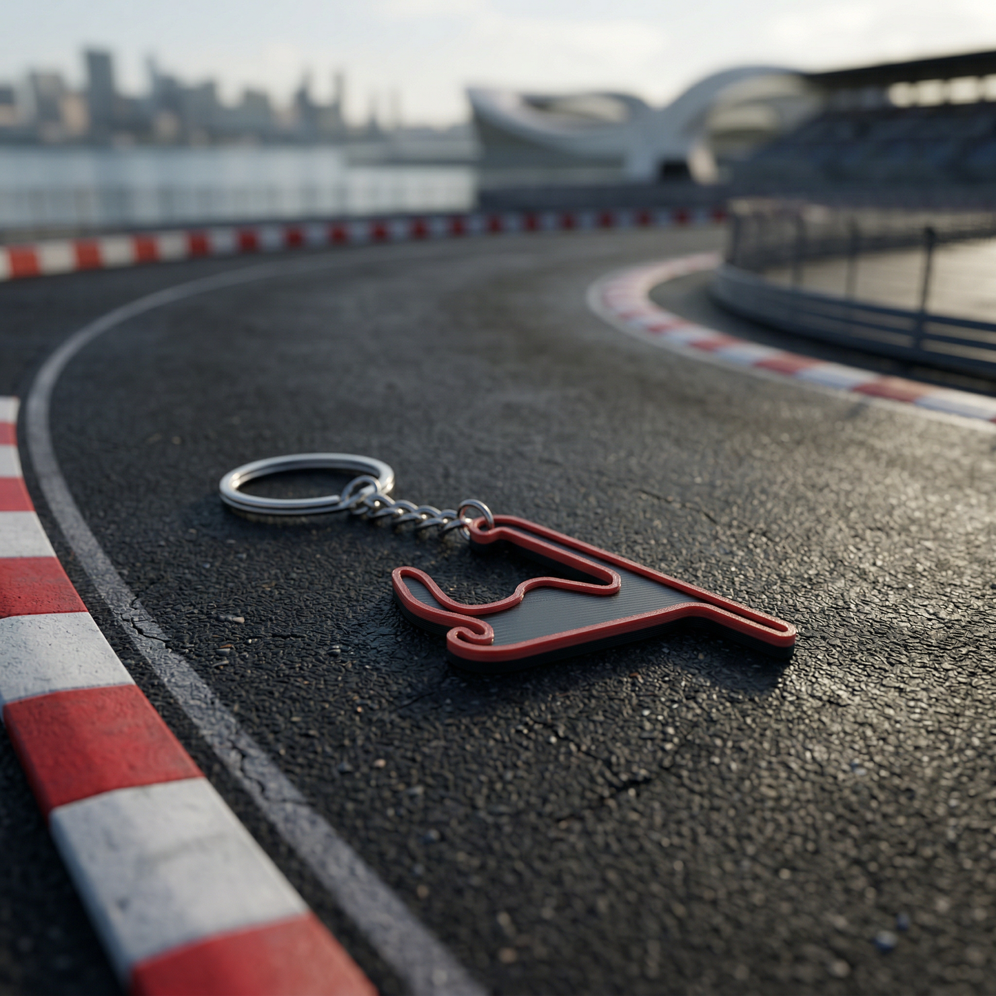Shanghai International Circuit F1 track keychain in black and red 3D-printed design