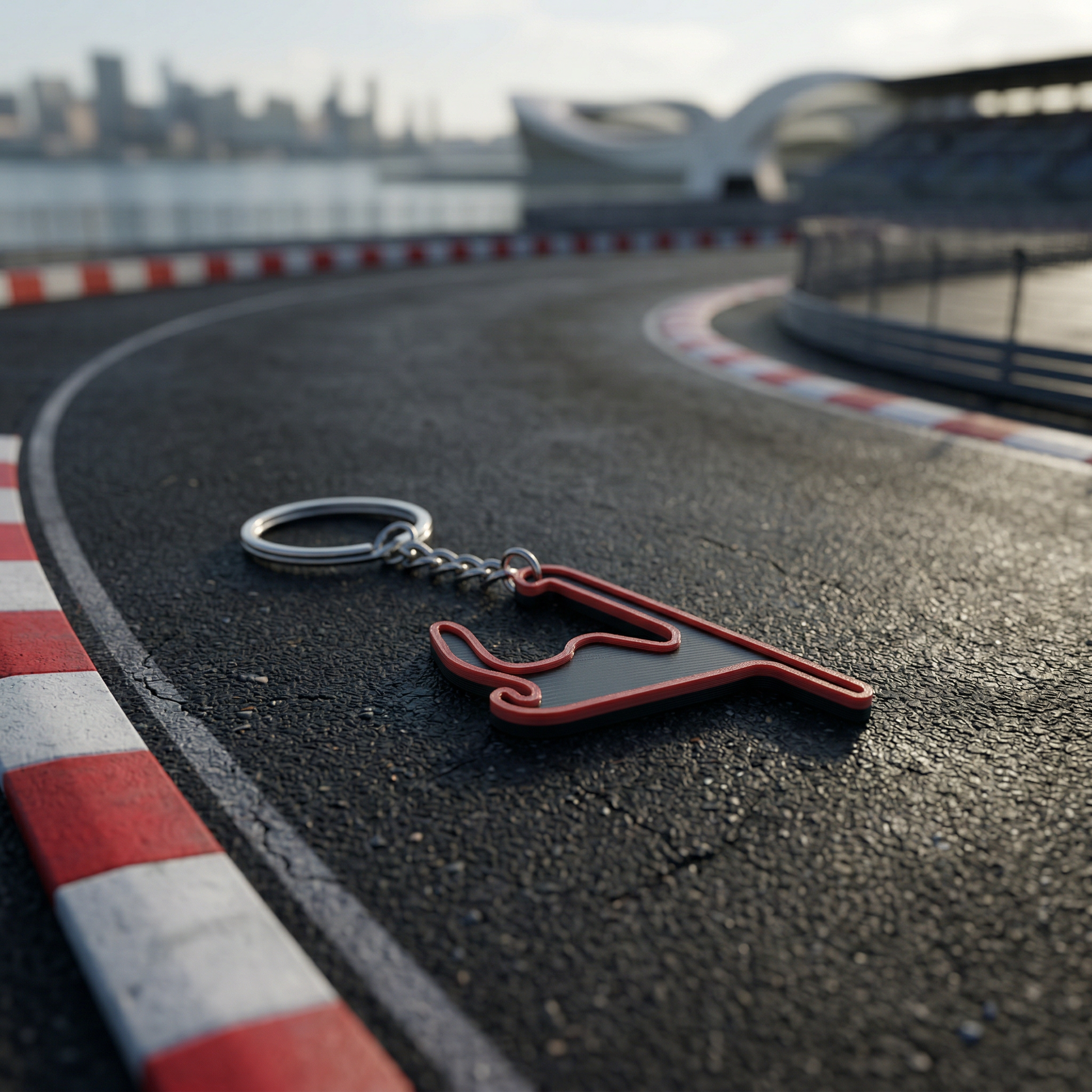 Shanghai International Circuit F1 track keychain in black and red 3D-printed design