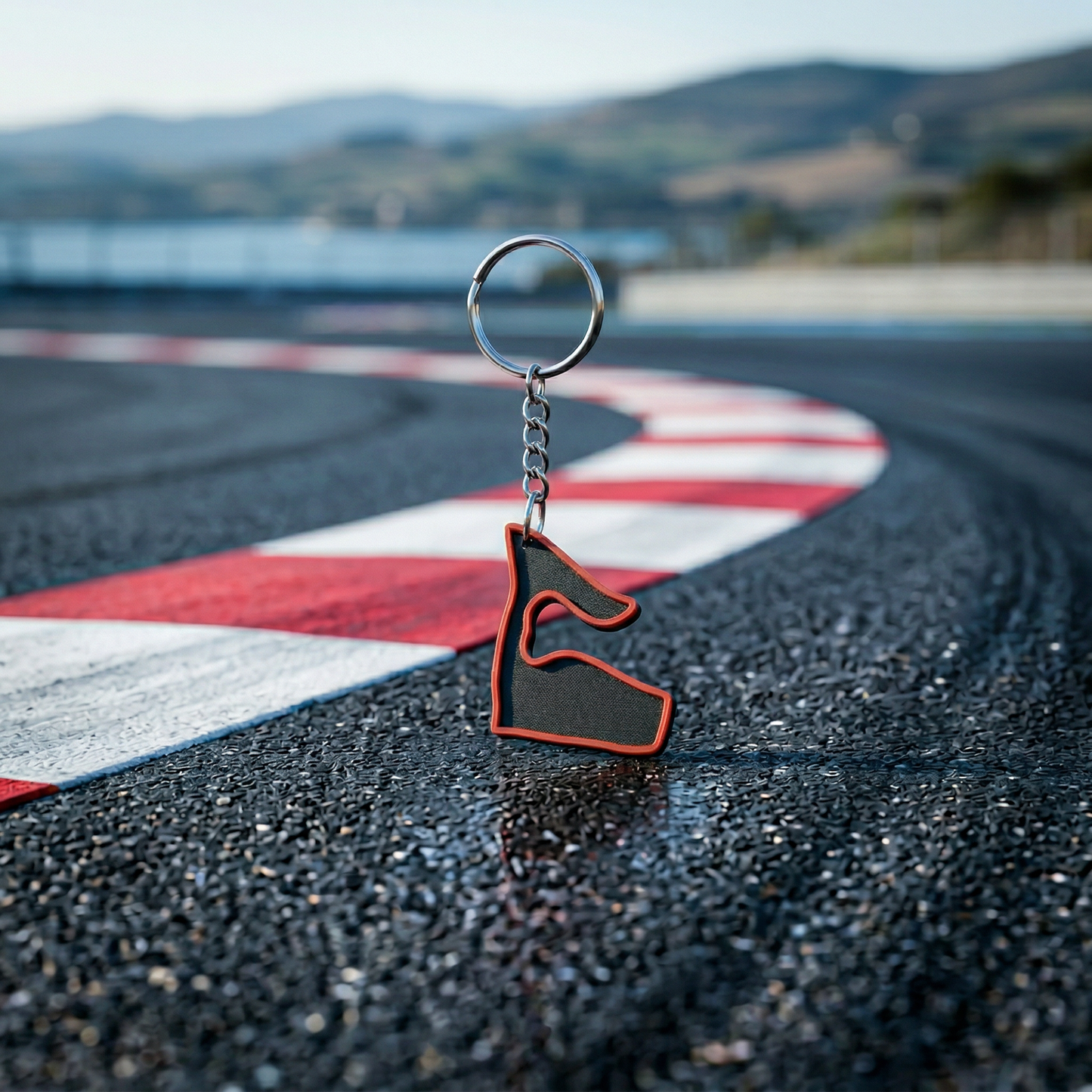 Red Bull Ring F1 track keychain in black and red 3D-printed design