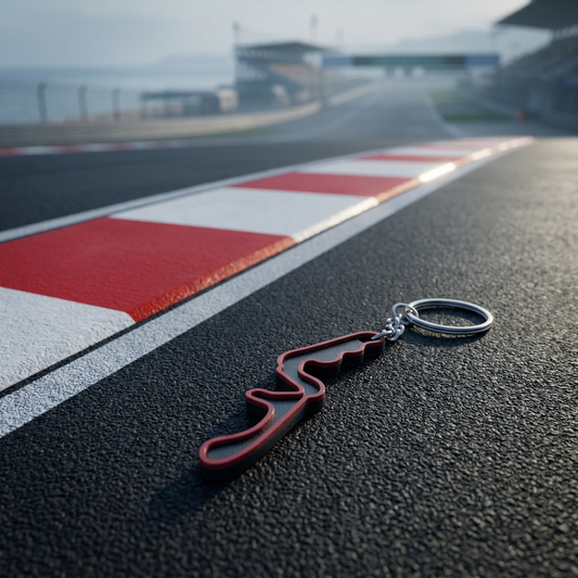 Suzuka Circuit F1 track keychain in black and red 3D-printed design